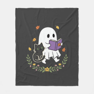 Halloween-Geisterkatze liest Buch Florales Design_ Fleecedecke