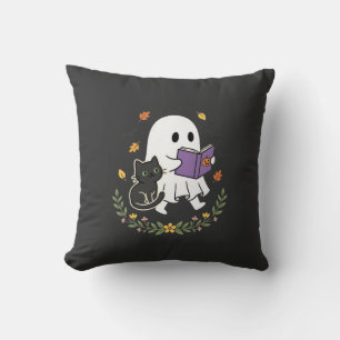 Halloween-Geisterkatze liest Buch Florales Design_ Kissen