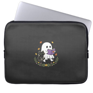 Halloween-Geisterkatze liest Buch Florales Design_ Laptopschutzhülle
