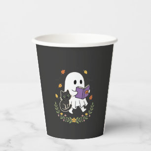Halloween-Geisterkatze liest Buch Florales Design_ Pappbecher