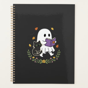 Halloween-Geisterkatze liest Buch Florales Design_ Planer
