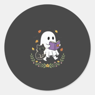 Halloween-Geisterkatze liest Buch Florales Design_ Runder Aufkleber