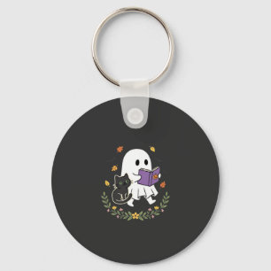 Halloween-Geisterkatze liest Buch Florales Design_ Schlüsselanhänger