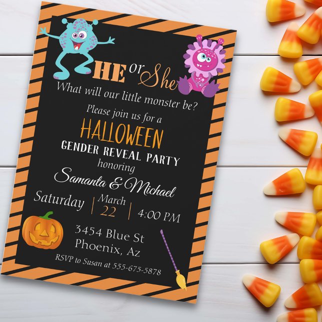 Halloween Gender Baby Reveal Party Monster Orange Einladung (Von Creator hochgeladen)