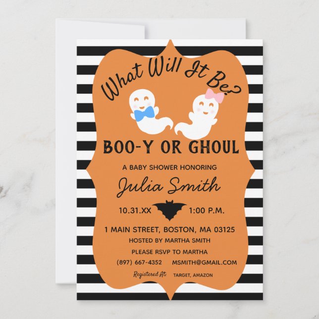 Halloween Gender Reveal Einladung, Boo-y oder Ghou Einladung (Vorderseite)