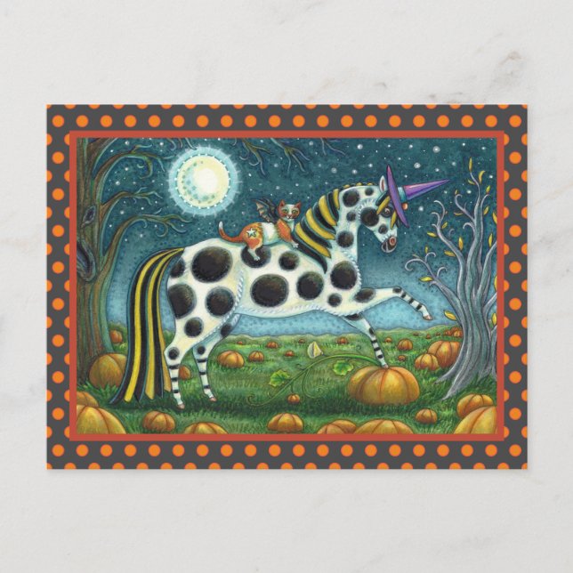 HALLOWEEN GEPUNKTETER PONY & BAT CAT Whimsical Hor Postkarte (Vorderseite)