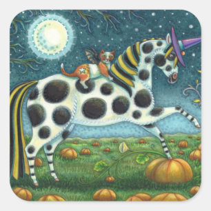 HALLOWEEN GEPUNKTETER PONY & BAT CAT Whimsical Hor Quadratischer Aufkleber