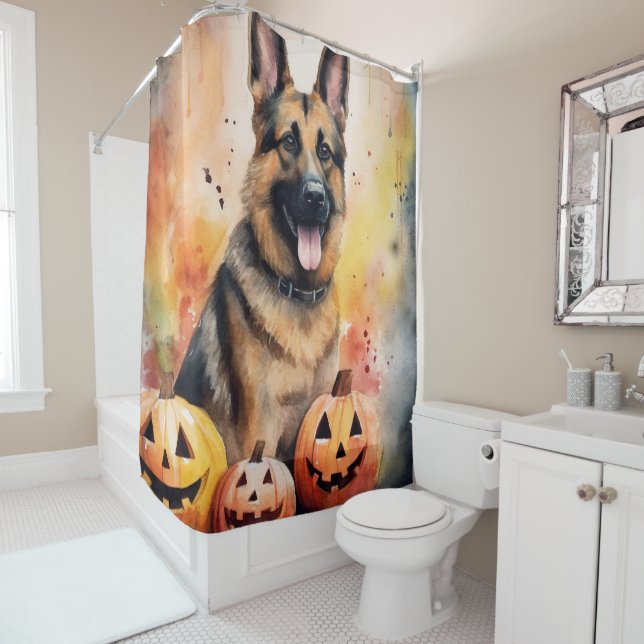 Halloween German Shepherd with Pumpkins Beängstige Duschvorhang (Beispiel)