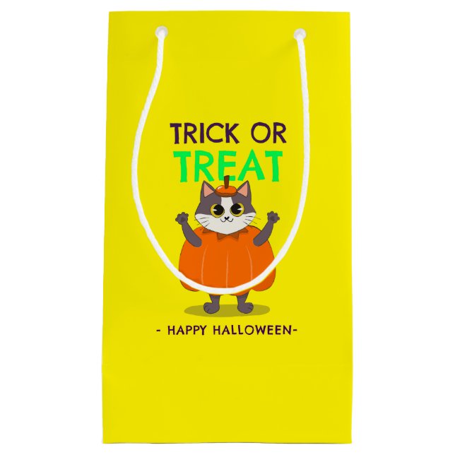 Halloween-Geschenkbeutel, Katze in Kürbis mit gelb Kleine Geschenktüte (Vorderseite)