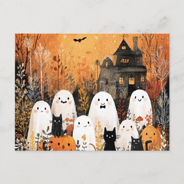 Halloween-Gespenster, schwarze Katzen und Fledermä Postkarte (Vorderseite)