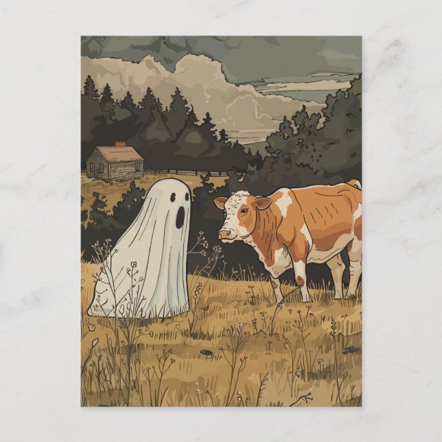 Halloween Ghost and Cow Vintage Farm Postkarte (Vorderseite)