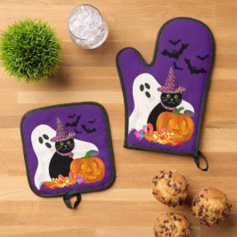 Halloween Ghost Black Cat Lila Ofenhandschuh & Topflappen-Set