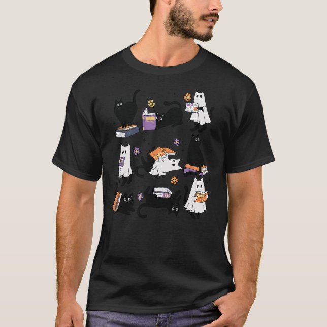 Halloween Ghost Black Cat Reading Book Costume T-Shirt (Vorderseite)