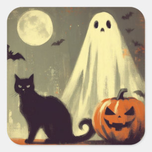 Halloween Ghost, Black Cat und Jack-o'-Laterne Quadratischer Aufkleber
