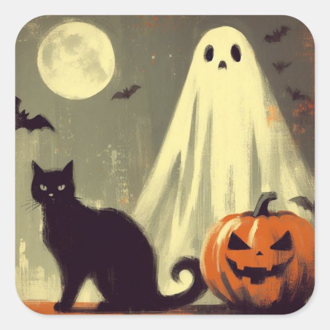 Halloween Ghost, Black Cat und Jack-o'-Laterne Quadratischer Aufkleber (Vorderseite)