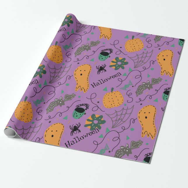Halloween Ghost Doodles Lila Muster Geschenkpapier (Ungerollt)