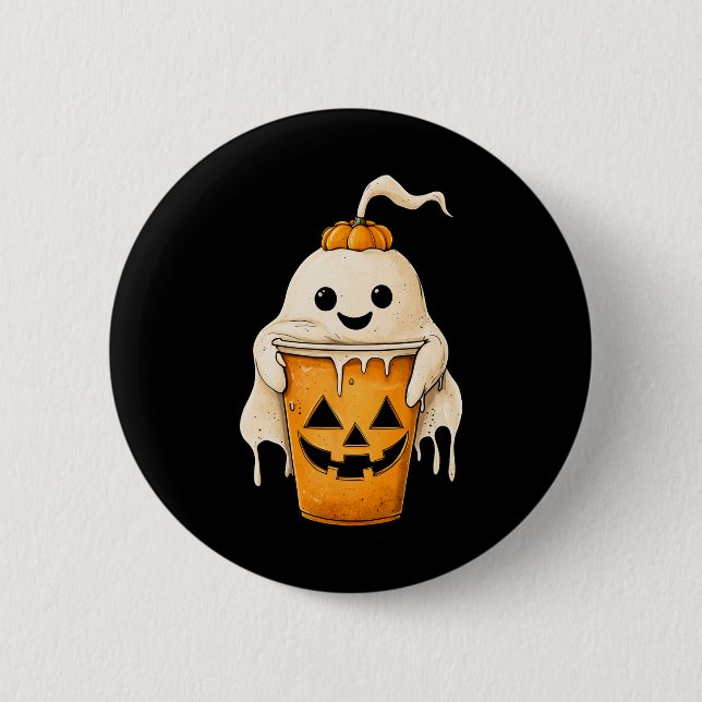Halloween Ghost-Eiskaffee mit Kürbisspuch Button (Vorderseite)