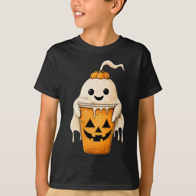 Halloween Ghost-Eiskaffee mit Kürbisspuch T-Shirt (Vorderseite)