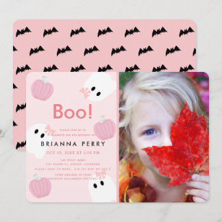 Halloween Ghost Girl Pumpkin Pink Foto Geburtstag Einladung