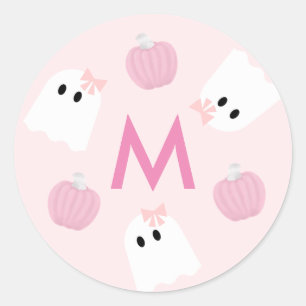 Halloween Ghost Girl & Pumpkin Pink Monogramm Runder Aufkleber