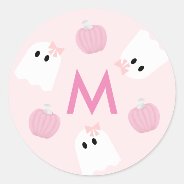 Halloween Ghost Girl & Pumpkin Pink Monogramm Runder Aufkleber (Vorderseite)
