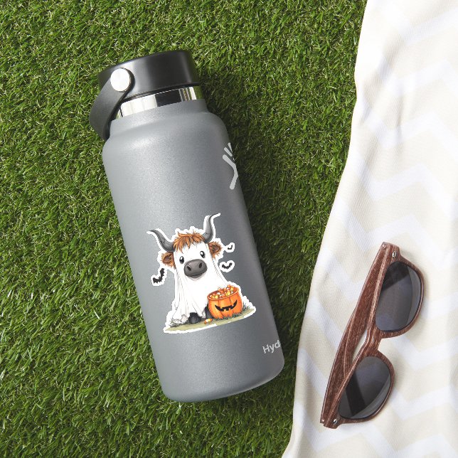 Halloween Ghost Highland Cow PNG Aufkleber (HydroFlask Insitu)