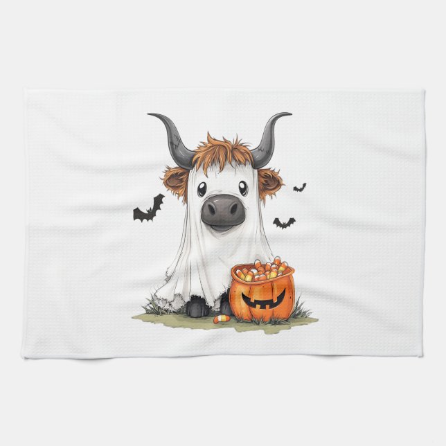 Halloween Ghost Highland Cow PNG Geschirrtuch (Horizontal)