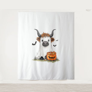 Halloween Ghost Highland Cow PNG Wandteppich