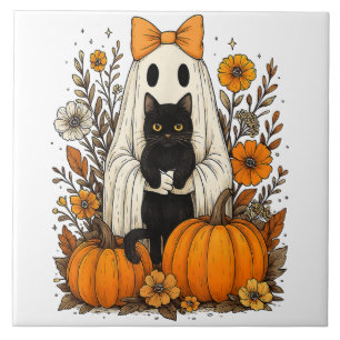 Halloween Ghost Holding Black Cat Fliese