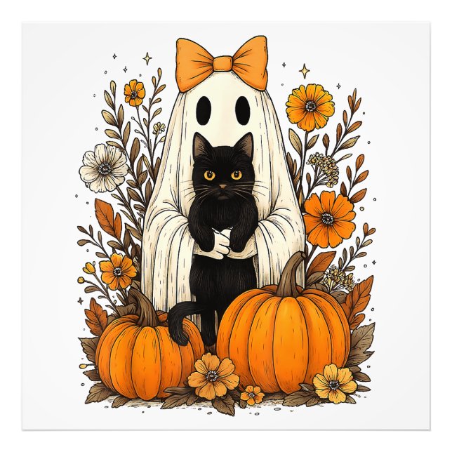 Halloween Ghost Holding Black Cat Fotodruck (Vorne)