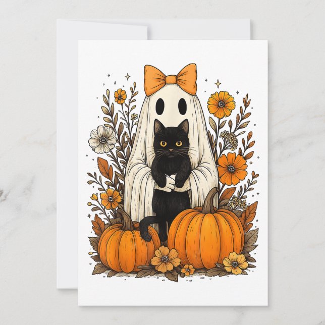 Halloween Ghost Holding Black Cat Save The Date (Vorderseite)