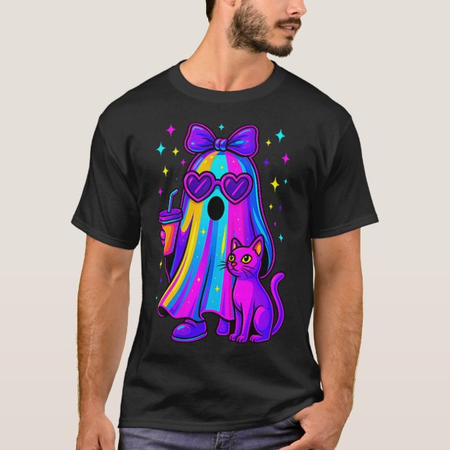 Halloween Ghost Ice Coffee Cat Girl Pastel T-Shirt (Vorderseite)