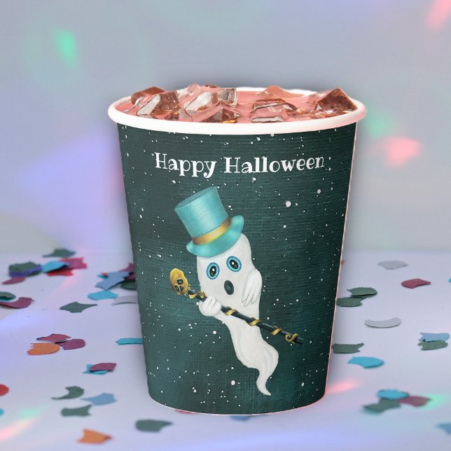 Halloween-Ghost in Albernem Gesichtsausdruck Pappbecher (Ghost silly face, top hat, skull cane floating in night sky on Halloween paper party cups.)
