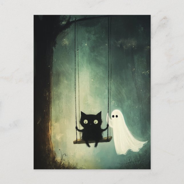Halloween Ghost, Katze am Swing Postkarte (Vorderseite)
