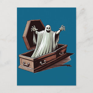 halloween ghost kommt aus coffin art postkarte