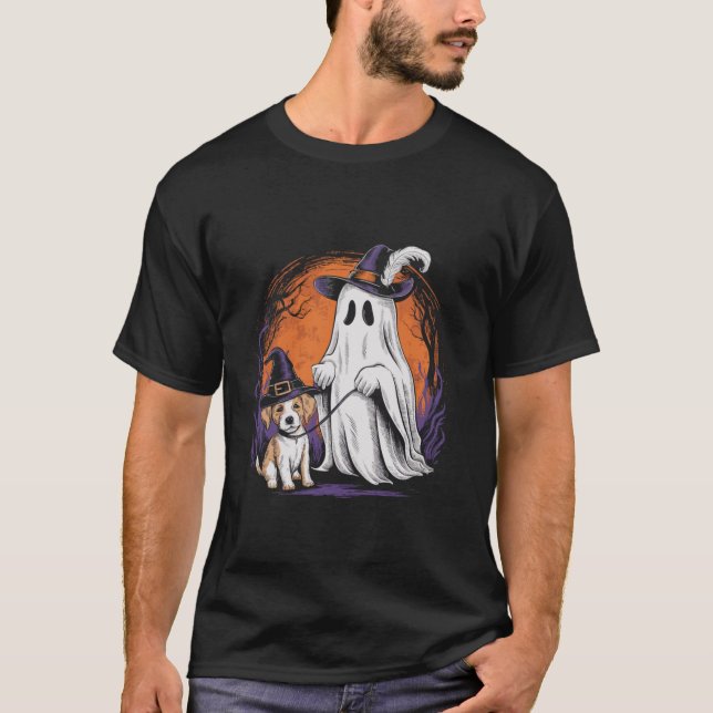 Halloween Ghost mit Puppy Halloween-Kostüm T Shi T-Shirt (Vorderseite)