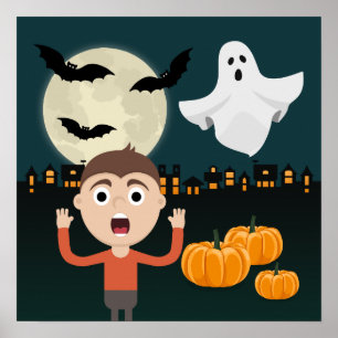 Halloween Ghost Moon Bats Illustrations-Poster Poster