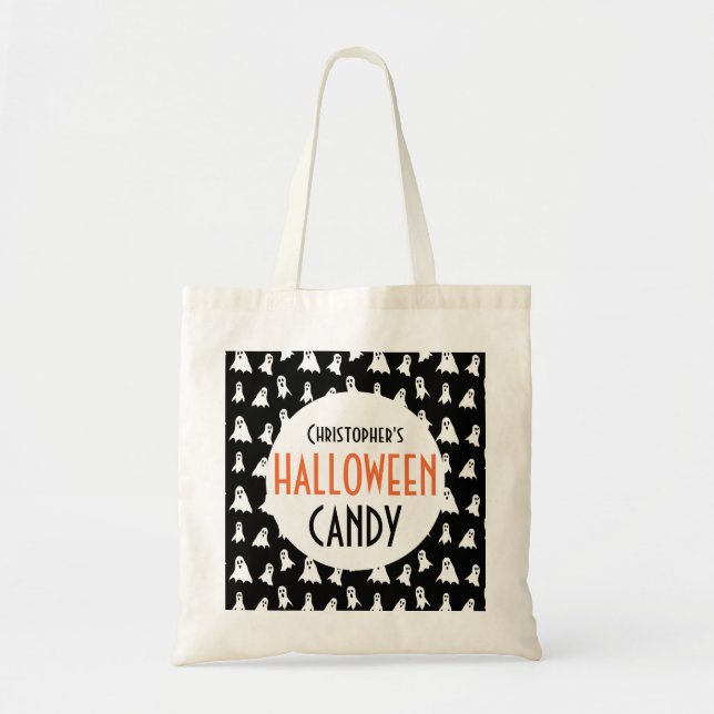 Halloween Ghost Pattern Personalisierte Schwarze L Tragetasche (Vorne)