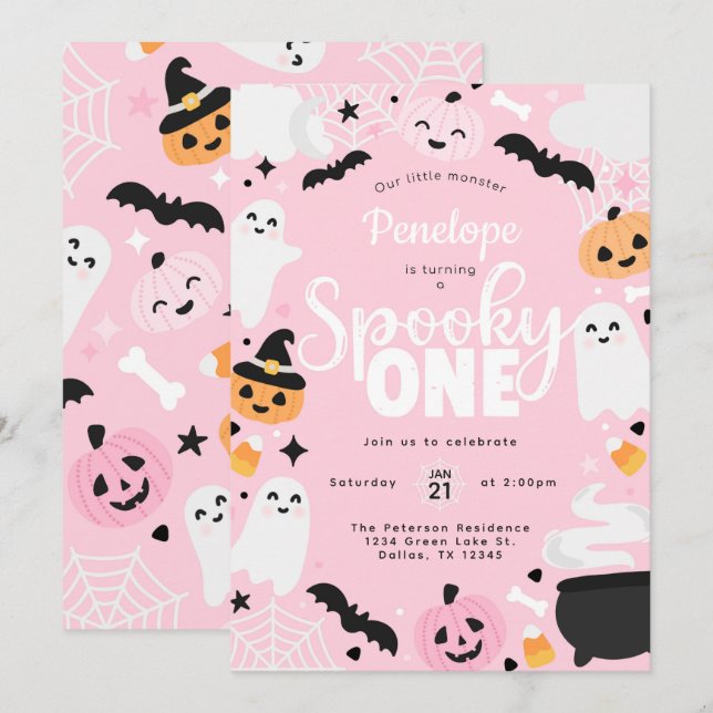 Halloween Ghost Pink 1st Birthday Party Einladung (Vorne/Hinten)
