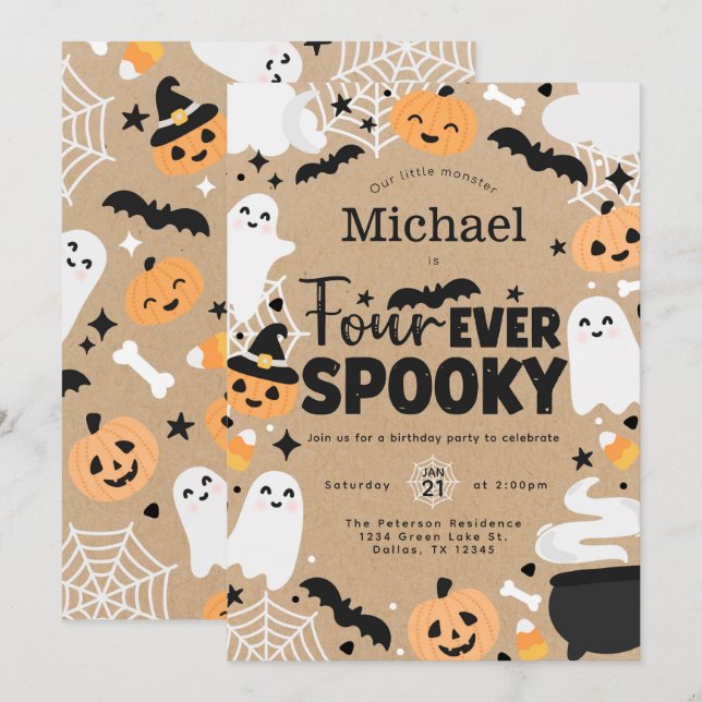 Halloween Ghost Pumpkin 4th Birthday Party Einladung (Vorne/Hinten)