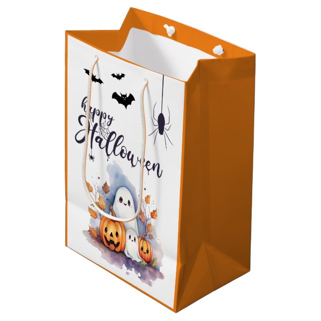 Halloween Ghost Pumpkin Medium Trick oder Treat Ba Mittlere Geschenktüte (Vorderseite Schrägansicht)
