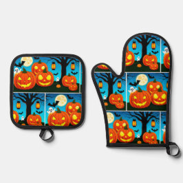 Halloween Ghost, Pumpkins, Fledermäuse Ofenhandschuh & Topflappen-Set