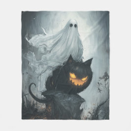 Halloween Ghost Riding a Black Cat Fleecedecke