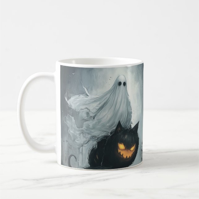 Halloween Ghost Riding a Black Cat Kaffeetasse (Links)