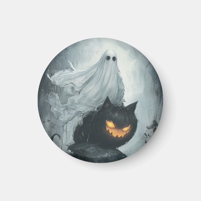 Halloween Ghost Riding a Black Cat Magnet (Vorne)