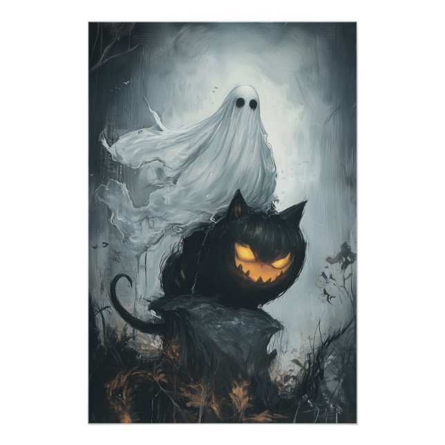 Halloween Ghost Riding a Black Cat Poster (Vorderseite)