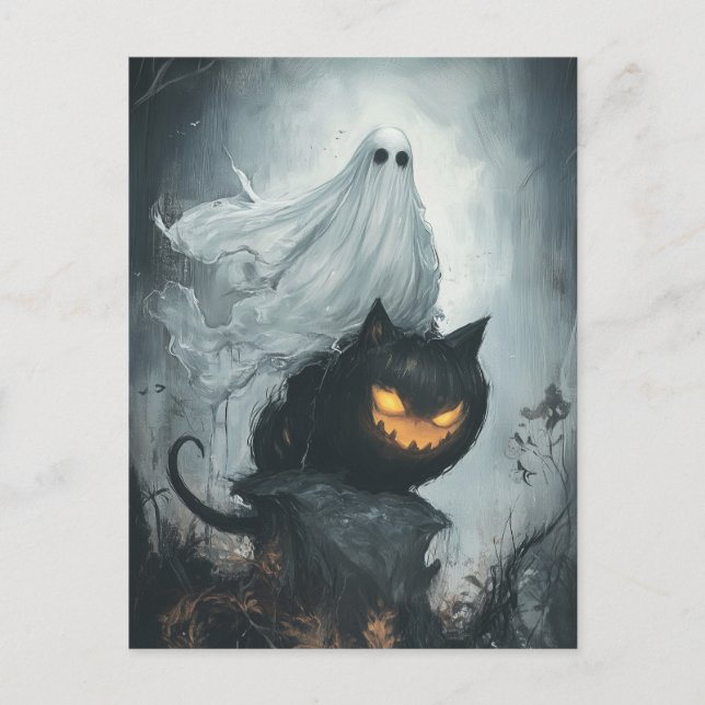 Halloween Ghost Riding a Black Cat Postkarte (Vorderseite)