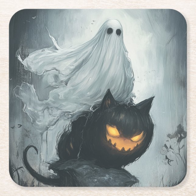 Halloween Ghost Riding a Black Cat Rechteckiger Pappuntersetzer (Vorderseite)