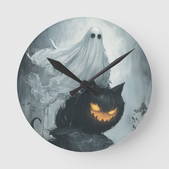Halloween Ghost Riding a Black Cat Runde Wanduhr (Vorderseite)