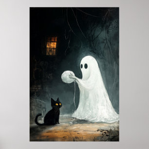Halloween Ghost und Black Cat Playing mit Garn Poster